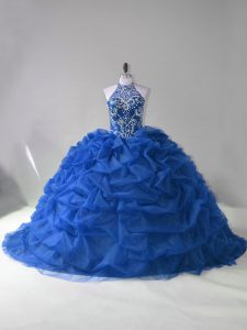 Modest Beading and Pick Ups Ball Gown Prom Dress Blue Lace Up Sleeveless Court Train