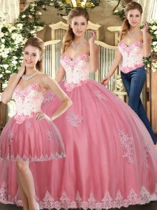 Glittering Watermelon Red Sweetheart Neckline Beading and Appliques Quinceanera Dresses Sleeveless Lace Up
