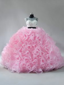 Romantic Zipper Sweet 16 Dresses Baby Pink for Sweet 16 and Quinceanera with Beading and Ruffles Brush Train