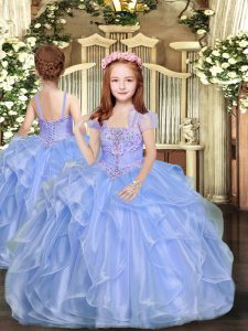 Top Selling Blue Organza Lace Up Straps Sleeveless Floor Length Little Girls Pageant Gowns Beading
