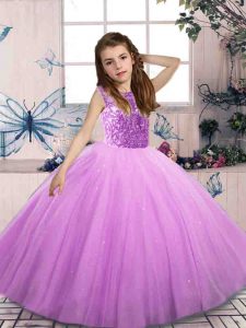 Beauteous Lilac Bateau Neckline Beading Little Girls Pageant Dress Wholesale Sleeveless Lace Up