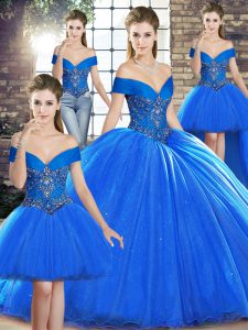 Royal Blue Organza Lace Up Off The Shoulder Sleeveless Quinceanera Gowns Brush Train Beading