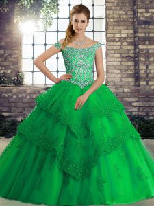 Comfortable Green Off The Shoulder Lace Up Beading and Lace Quinceanera Dresses Brush Train Sleeveless