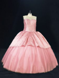 Traditional Sleeveless Floor Length Beading Lace Up Sweet 16 Dresses with Pink