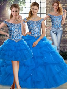 Flirting Brush Train Three Pieces Quinceanera Dresses Blue Off The Shoulder Tulle Sleeveless Lace Up