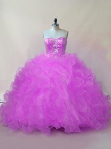 Nice Lilac Sleeveless Floor Length Beading and Ruffles Lace Up Quinceanera Dress