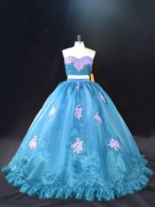 Dazzling Sleeveless Appliques Zipper 15th Birthday Dress with Aqua Blue Brush Train