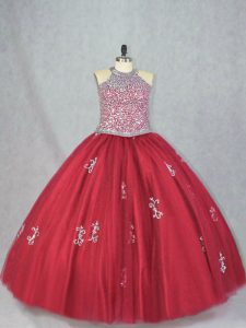New Style Floor Length Red 15 Quinceanera Dress Tulle Sleeveless Beading and Appliques