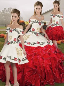 Dramatic White And Red Off The Shoulder Lace Up Embroidery and Ruffles Sweet 16 Dresses Sleeveless