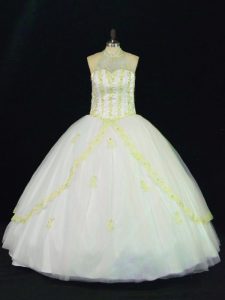 Sleeveless Tulle Floor Length Lace Up Vestidos de Quinceanera in Yellow And White with Appliques