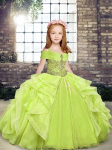 Custom Designed Yellow Green Straps Lace Up Beading and Ruffles Pageant Gowns Sleeveless