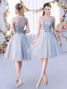 Superior Grey Empire Scoop Sleeveless Tulle Knee Length Lace Up Lace and Belt Quinceanera Court Dresses