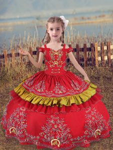 Classical Ball Gowns Kids Pageant Dress Red Off The Shoulder Satin Sleeveless Floor Length Lace Up