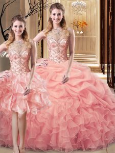Charming Scoop Sleeveless Organza and Tulle Quinceanera Gowns Beading and Ruffles Lace Up