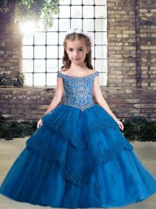 Adorable Floor Length Lace Up Pageant Dress for Womens Blue for Party and Wedding Party with Beading and Appliques