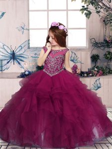 Enchanting Fuchsia Ball Gowns Beading and Ruffles Girls Pageant Dresses Zipper Organza Sleeveless Floor Length