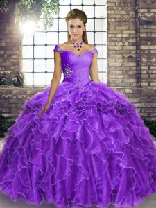 Low Price Lavender Sweet 16 Dresses Off The Shoulder Sleeveless Brush Train Lace Up