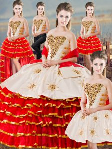 Latest White And Red Sleeveless Floor Length Beading and Ruffled Layers Lace Up Quinceanera Dress