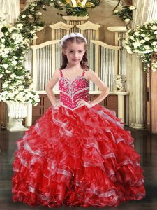 Best Red Ball Gowns Organza Straps Sleeveless Beading Floor Length Lace Up Little Girl Pageant Dress