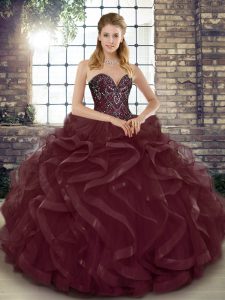Dynamic Burgundy Quinceanera Dress Military Ball and Sweet 16 and Quinceanera with Beading and Ruffles Sweetheart Sleeveless Lace Up