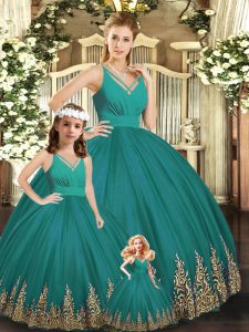 Embroidery Quinceanera Dress Turquoise Backless Sleeveless Floor Length