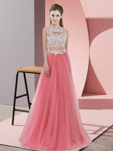 Chic Watermelon Red Halter Top Neckline Lace Quinceanera Court of Honor Dress Sleeveless Zipper