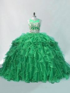 Free and Easy Scoop Sleeveless Organza Quinceanera Gowns Beading and Ruffles Brush Train