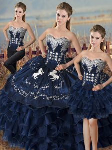 Perfect Sleeveless Satin and Organza High Low Lace Up Quinceanera Dress in Navy Blue with Embroidery and Ruffles