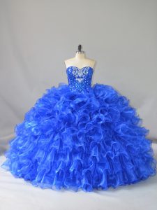 Gorgeous Royal Blue Sleeveless Ruffles and Sequins Floor Length 15 Quinceanera Dress