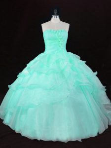 Apple Green Organza Lace Up Quinceanera Gown Sleeveless Floor Length Ruffles and Hand Made Flower