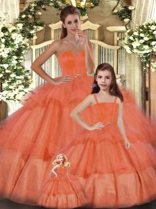 High Quality Orange Sleeveless Floor Length Ruffled Layers Lace Up Quinceanera Dress