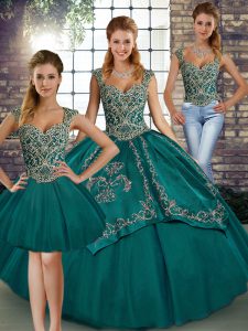 Pretty Floor Length Lace Up Quinceanera Gowns Teal for Military Ball and Sweet 16 and Quinceanera with Beading and Embroidery