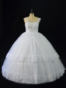 Wonderful White Sleeveless Floor Length Beading and Appliques Lace Up Quinceanera Gown