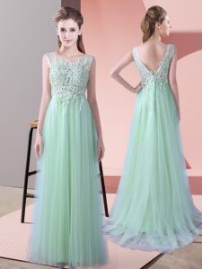 Fine Scoop Sleeveless Quinceanera Dama Dress Brush Train Beading and Lace Apple Green Tulle