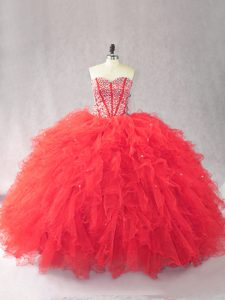 Traditional Sweetheart Sleeveless Lace Up 15 Quinceanera Dress Red Tulle