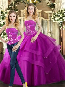 Discount Fuchsia Strapless Lace Up Beading and Ruffles Ball Gown Prom Dress Sleeveless
