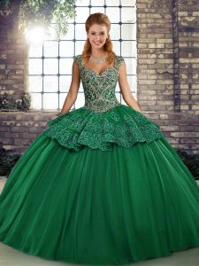 Spectacular Green Ball Gowns Tulle Straps Sleeveless Beading and Appliques Floor Length Lace Up Quinceanera Gowns
