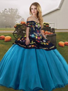 Sleeveless Tulle Floor Length Lace Up Sweet 16 Quinceanera Dress in Blue And Black with Embroidery