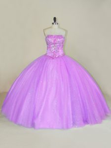 Lilac Ball Gowns Sequins Quince Ball Gowns Lace Up Tulle Sleeveless Floor Length