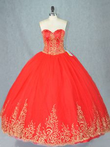 Exquisite Red Ball Gowns Sweetheart Sleeveless Tulle Floor Length Lace Up Beading 15th Birthday Dress