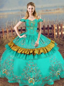 Flare Turquoise Ball Gowns Off The Shoulder Sleeveless Satin Floor Length Lace Up Embroidery Vestidos de Quinceanera