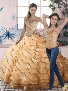 Comfortable Sweetheart Sleeveless Quince Ball Gowns Brush Train Beading and Ruffled Layers Gold Organza
