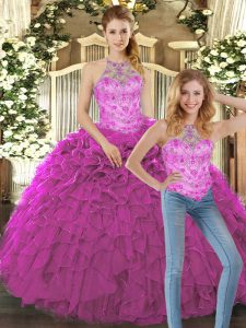 Trendy Fuchsia Vestidos de Quinceanera Military Ball and Sweet 16 and Quinceanera with Beading and Ruffles Halter Top Sleeveless Lace Up