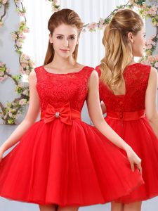 Comfortable Scoop Sleeveless Dama Dress Mini Length Lace and Bowknot Red Tulle
