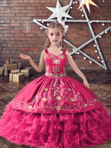 Cute Satin and Organza Straps Sleeveless Lace Up Embroidery and Ruffled Layers Kids Pageant Dress in Hot Pink