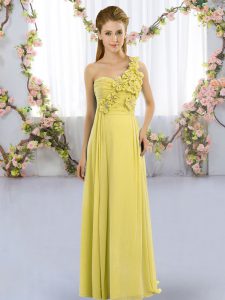 Custom Made Yellow Green Chiffon Lace Up Quinceanera Court Dresses Sleeveless Floor Length Hand Made Flower