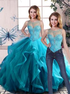On Sale Aqua Blue Tulle Lace Up Scoop Sleeveless Floor Length Quinceanera Dress Beading and Ruffles