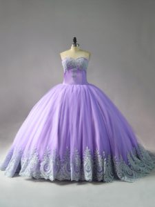 Sleeveless Appliques Lace Up 15 Quinceanera Dress with Lavender Court Train