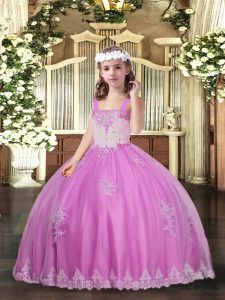 Lilac Lace Up Girls Pageant Dresses Appliques Sleeveless Floor Length