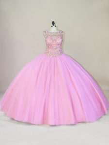 Sleeveless Beading Lace Up Quinceanera Gown with Pink
